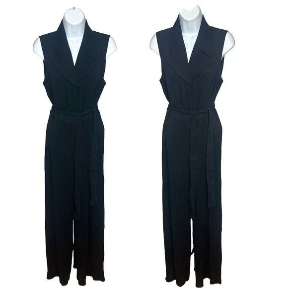 T TAHARI Sleeveless Pleated V-Neck Belted Jumpsuit Jumper Black New Size 8 - Picture 6 of 11